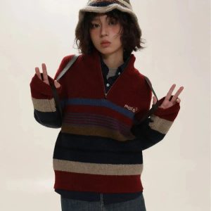 Y2K Vintage Aesthetic Knitted Zip Sweater for Trendy Summer Outfits