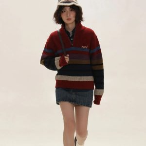 Y2K Vintage Aesthetic Knitted Zip Sweater for Trendy Summer Outfits