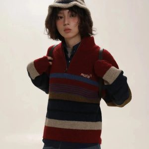 Y2K Vintage Aesthetic Knitted Zip Sweater for Trendy Summer Outfits