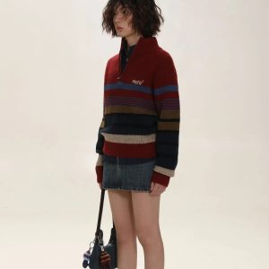 Y2K Vintage Aesthetic Knitted Zip Sweater for Trendy Summer Outfits