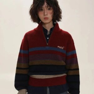 Y2K Vintage Aesthetic Knitted Zip Sweater for Trendy Summer Outfits