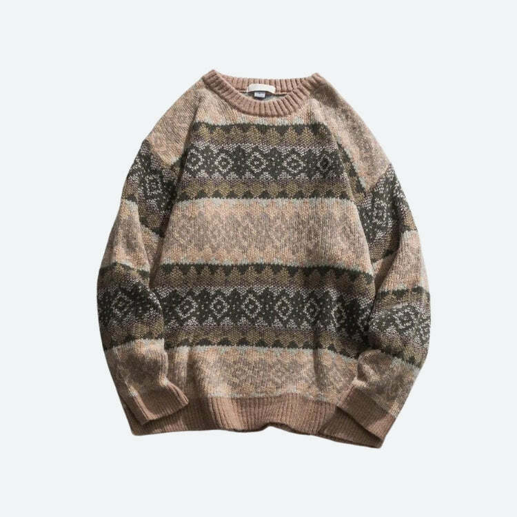 Y2K Vintage Jacquard Knitted Sweater for Cozy 90s Aesthetic Style