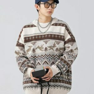 Y2K Vintage Rabbits Knitted Sweater for Cozy Grunge Aesthetic Outfits