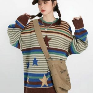 Y2K Vintage Star Printed Knit Sweater for Trendy Summer Outfits